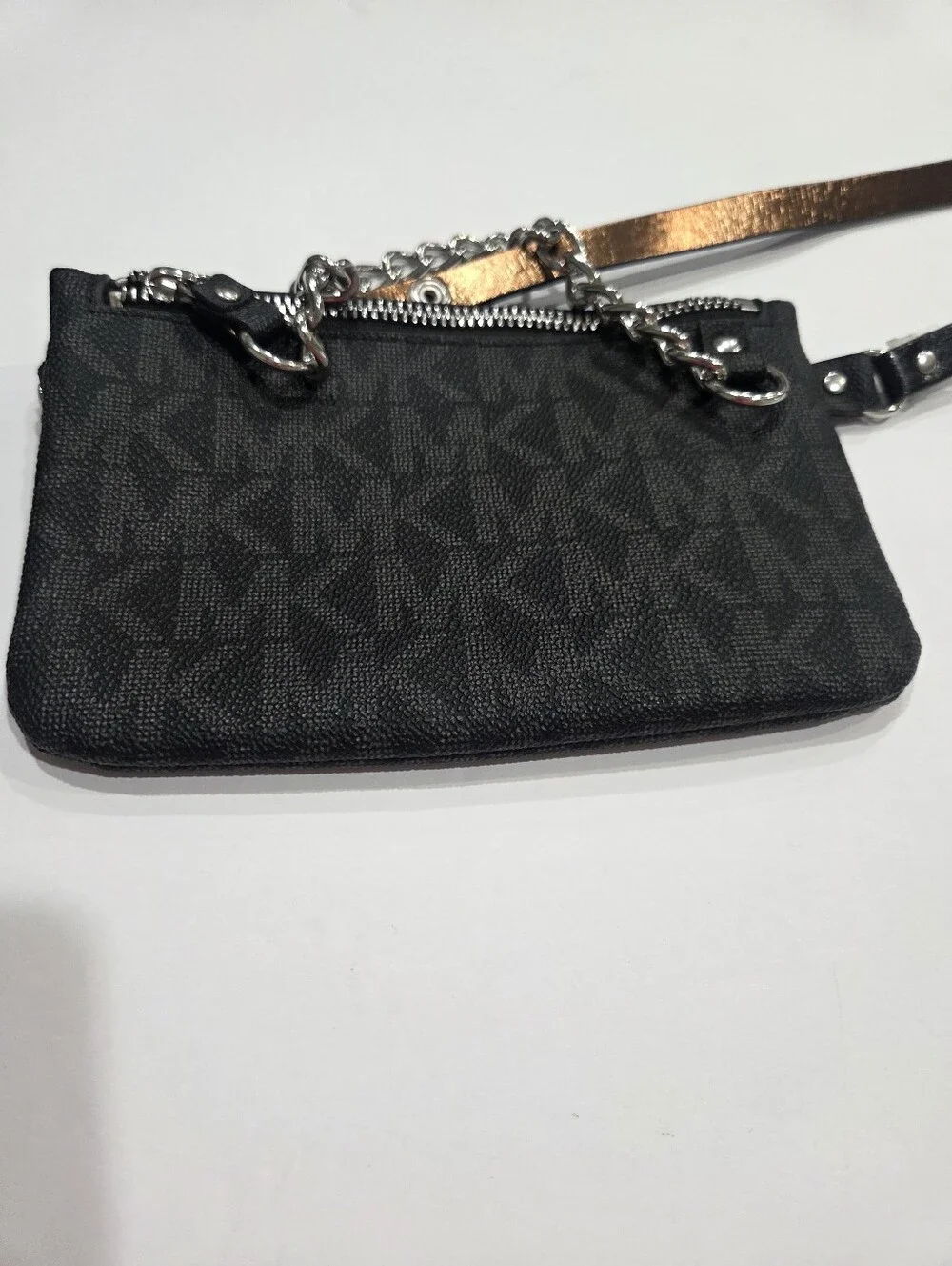 NWOT Michael Kors Logo Chain Belt Bag Black /gray Monogram With Silver Chain